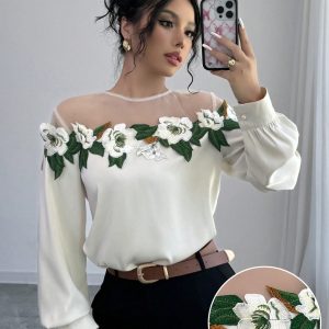 Women's Elegant Mesh Patchwork Embroidered Lace Long Sleeve Blouse