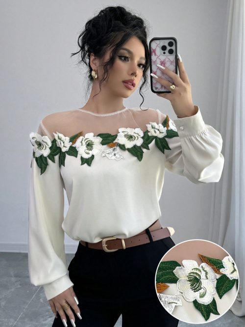 Women's Elegant Mesh Patchwork Embroidered Lace Long Sleeve Blouse