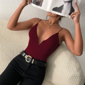 Solid Plunging Neck Cami Red Bodysuit