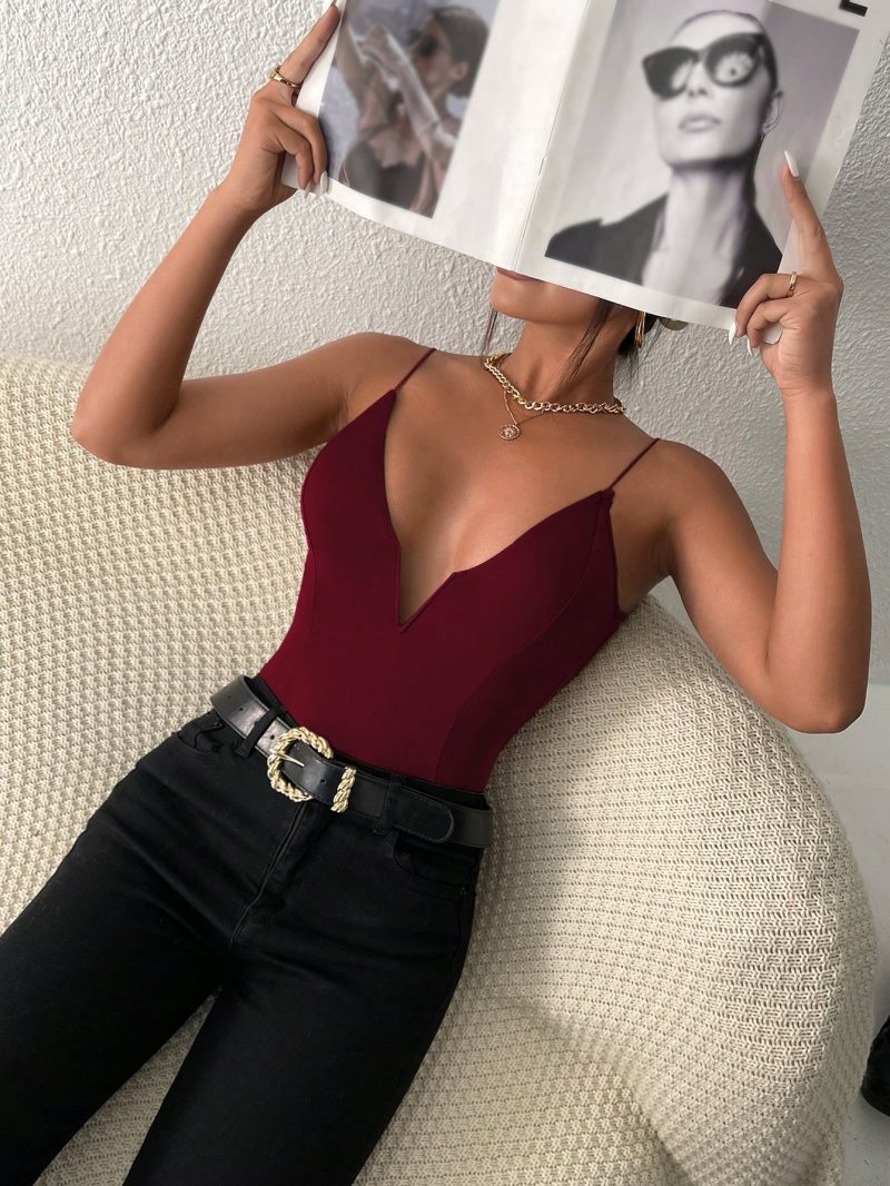 Solid Plunging Neck Cami Red Bodysuit