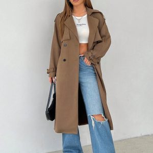 Brown Woven Women's Windbreaker Jacket Suitable For Autumn And Winter