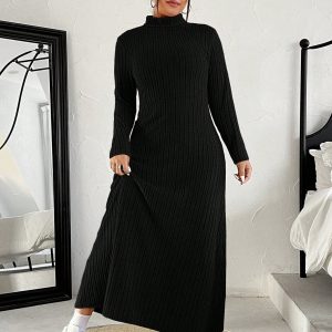 Plus Size Women High Neck Plain Long Sleeve Knitted Casual Dress, Autumn