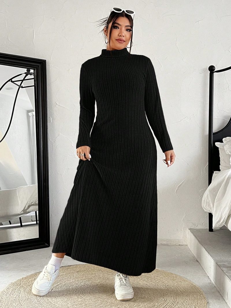 Plus Size Women High Neck Plain Long Sleeve Knitted Casual Dress, Autumn