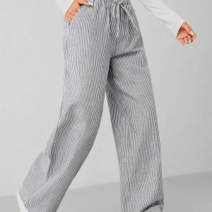 Autumn Blue Striped Contrast Waist Woven Women's Trousers