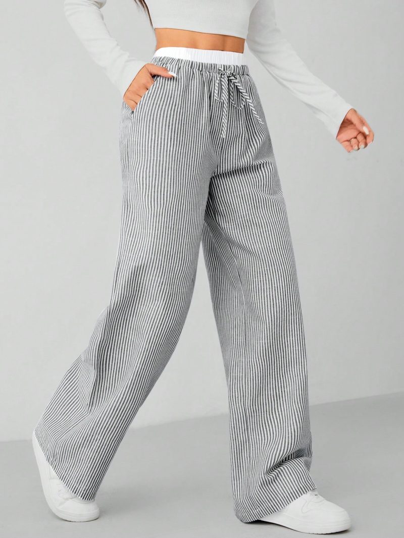 Autumn Blue Striped Contrast Waist Woven Women's Trousers