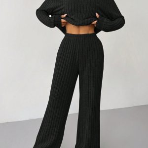 Knit Drop Shoulder Drawstring Hoodie & Pants