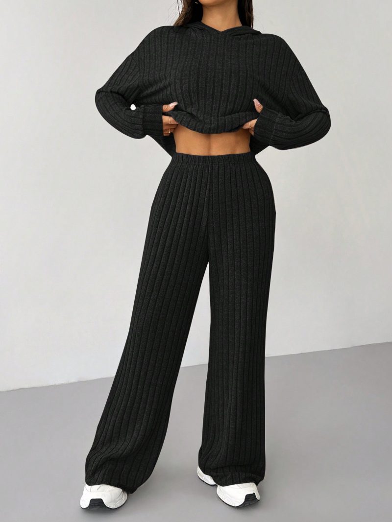 Knit Drop Shoulder Drawstring Hoodie & Pants