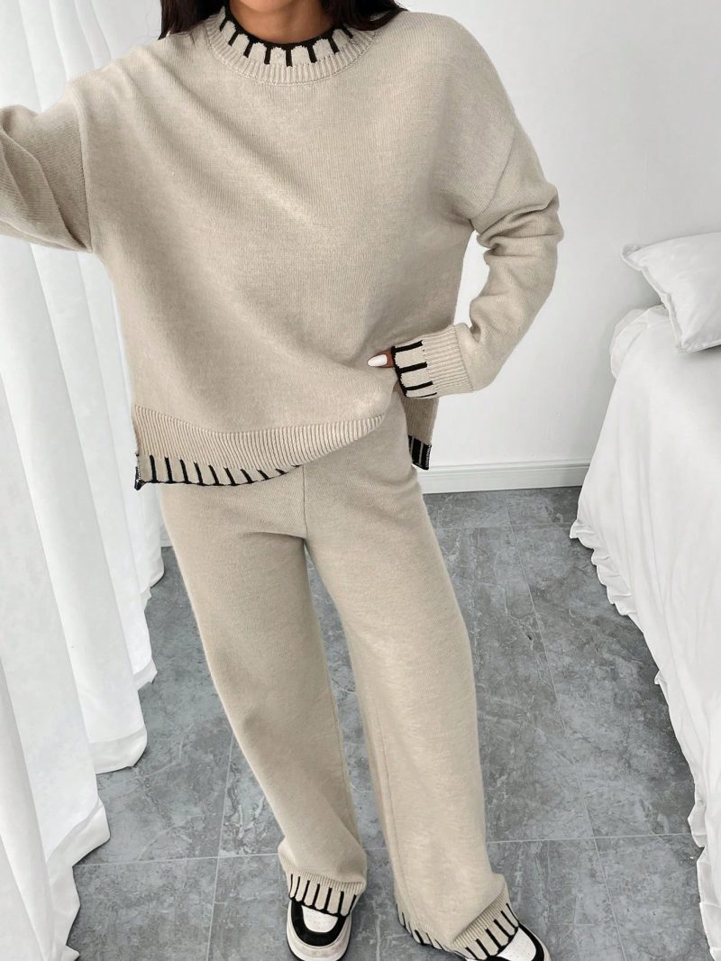 2pcs Women Casual Decorative Jacquard Loose Crew Neck Sweater And Pants Set, Autumn/Winter