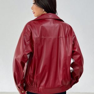 Drop Shoulder Zip Up Black PU Jacket