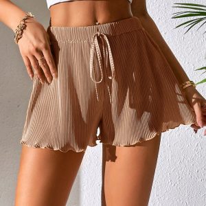 Tie Waist Lettuce Trim Summer Shorts