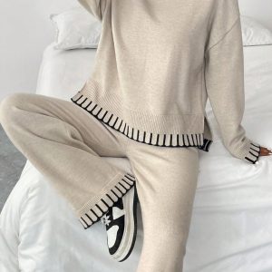 2pcs Women Casual Decorative Jacquard Loose Crew Neck Sweater And Pants Set, Autumn/Winter