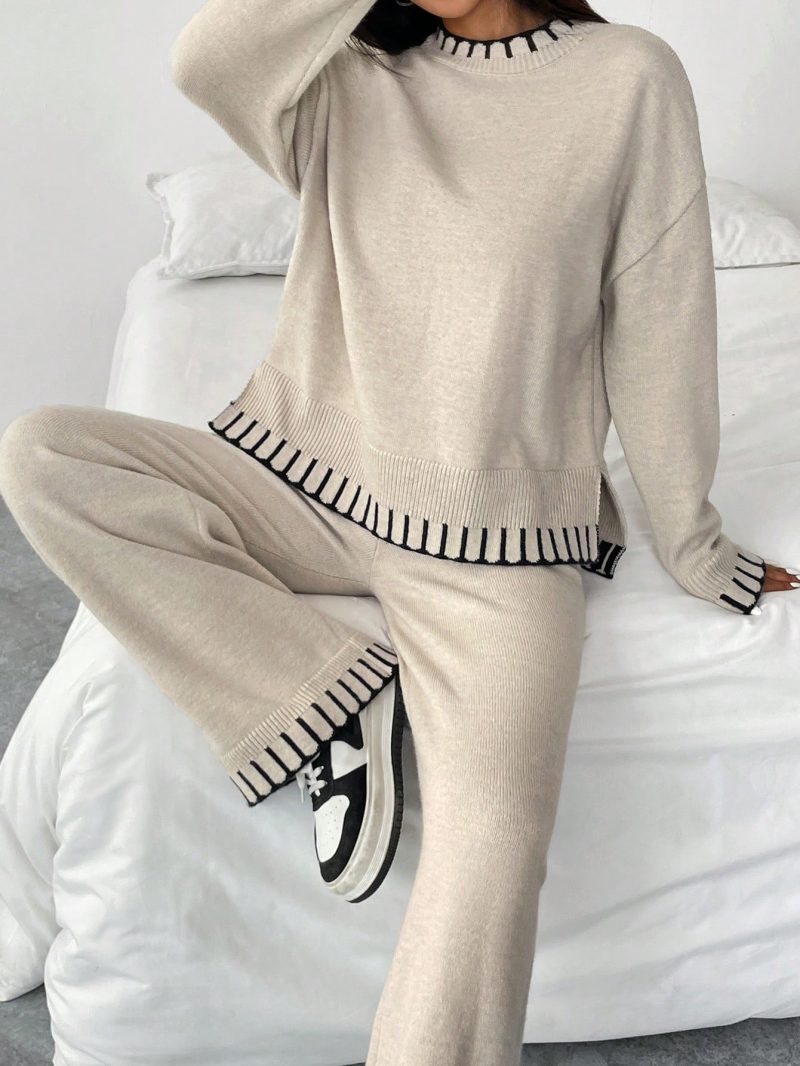 2pcs Women Casual Decorative Jacquard Loose Crew Neck Sweater And Pants Set, Autumn/Winter