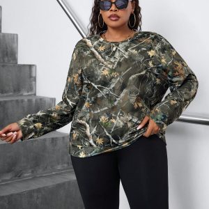 Plus Size Casual Branch Print Round Neck Sweatshirt, Autumn