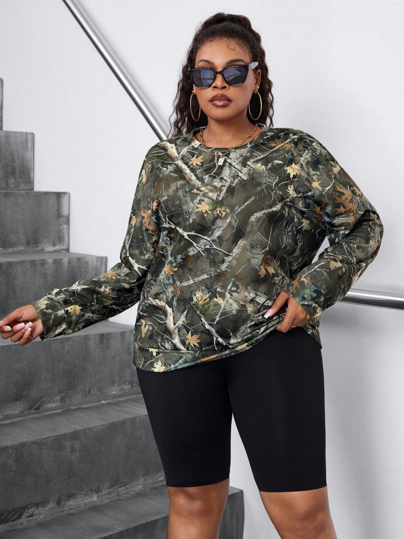 Plus Size Casual Branch Print Round Neck Sweatshirt, Autumn