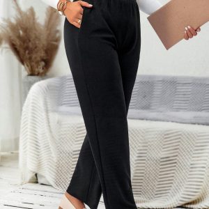 Plus Size Solid Color Elastic Waist Pocket Casual Straight Leg Pants
