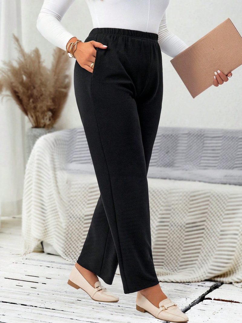 Plus Size Solid Color Elastic Waist Pocket Casual Straight Leg Pants