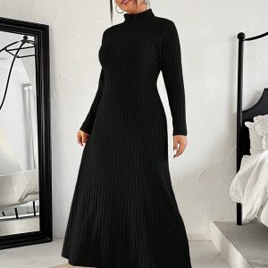 Plus Size Women High Neck Plain Long Sleeve Knitted Casual Dress, Autumn