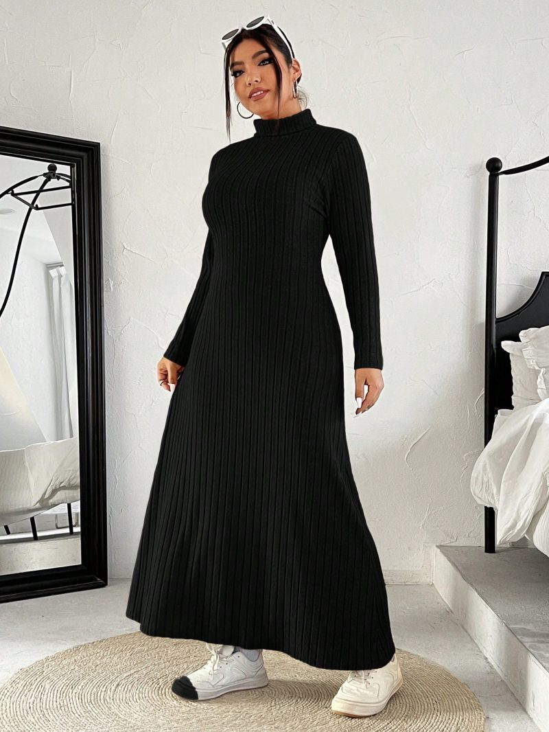 Plus Size Women High Neck Plain Long Sleeve Knitted Casual Dress, Autumn