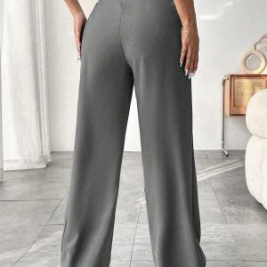Women Solid Color Pocket Elegant Straight Leg Pants For Commuting