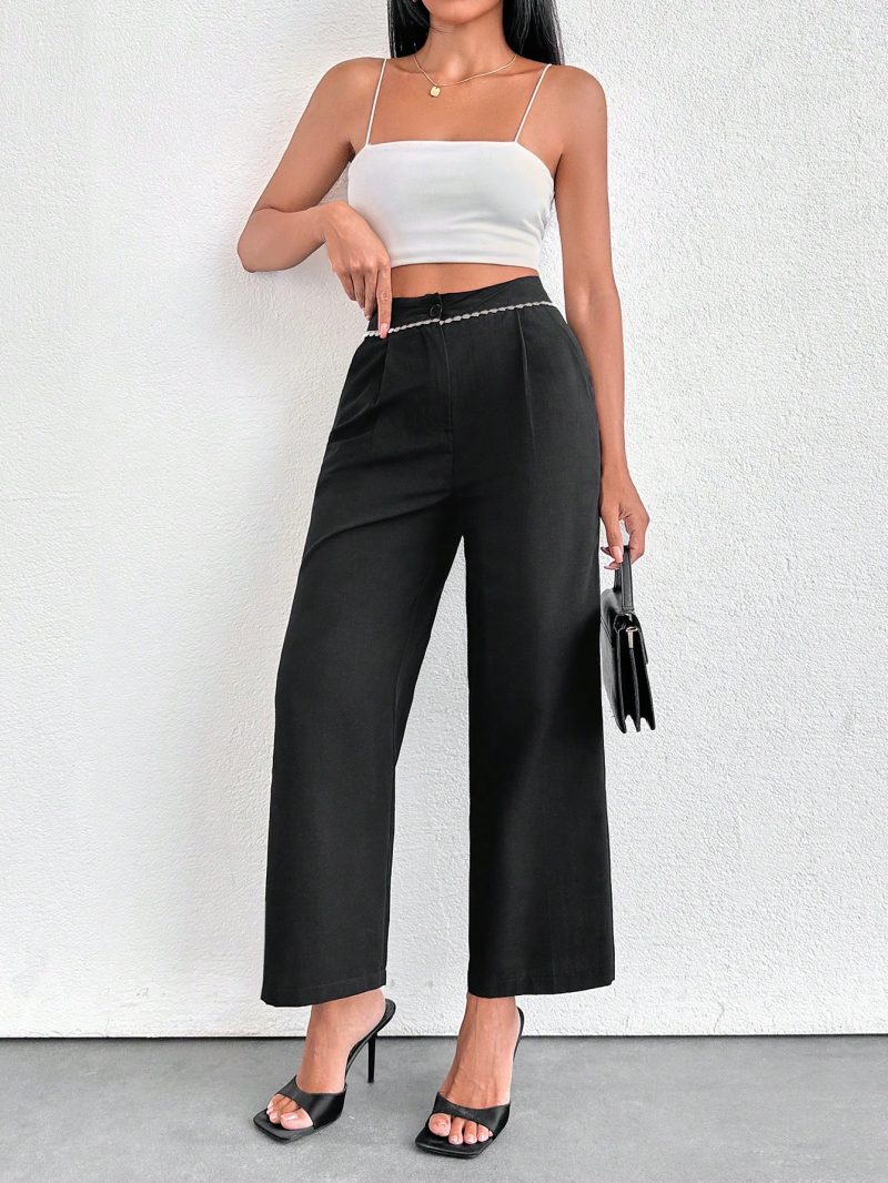 Women Pearl Belt Pleated Pants