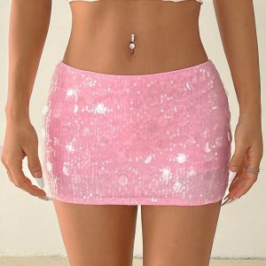Shiny Pink Sequin Embellished Low Waist Mini Shorts For Young Women, Festival/Street Wear