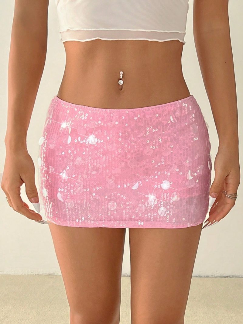 Shiny Pink Sequin Embellished Low Waist Mini Shorts For Young Women, Festival/Street Wear
