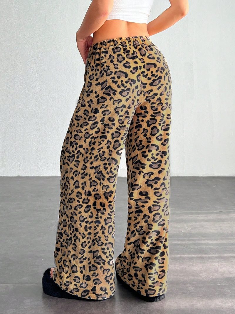 Women's Tie-Waist Fluffy Leopard Print Casual Wide Leg Baggy Pants