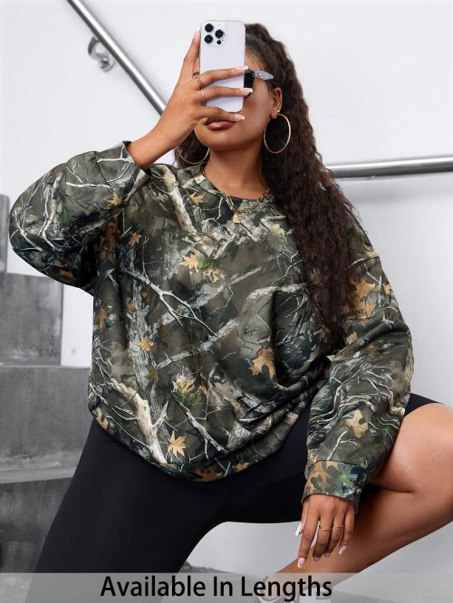 Plus Size Casual Branch Print Round Neck Sweatshirt, Autumn