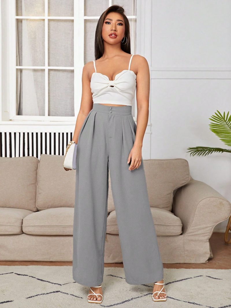 High Waist Plicated Wide Leg Black Dress Pants