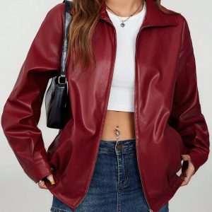Drop Shoulder Zip Up Black PU Jacket