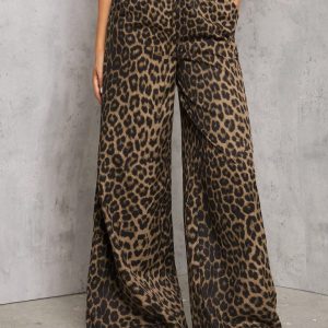 Casual Street Leopard Print Loose Straight Wide Leg Trousers , Palazzo Pants