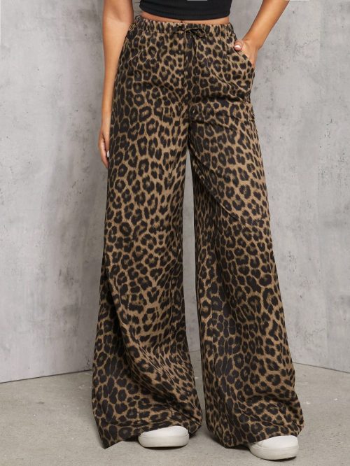 Casual Street Leopard Print Loose Straight Wide Leg Trousers , Palazzo Pants