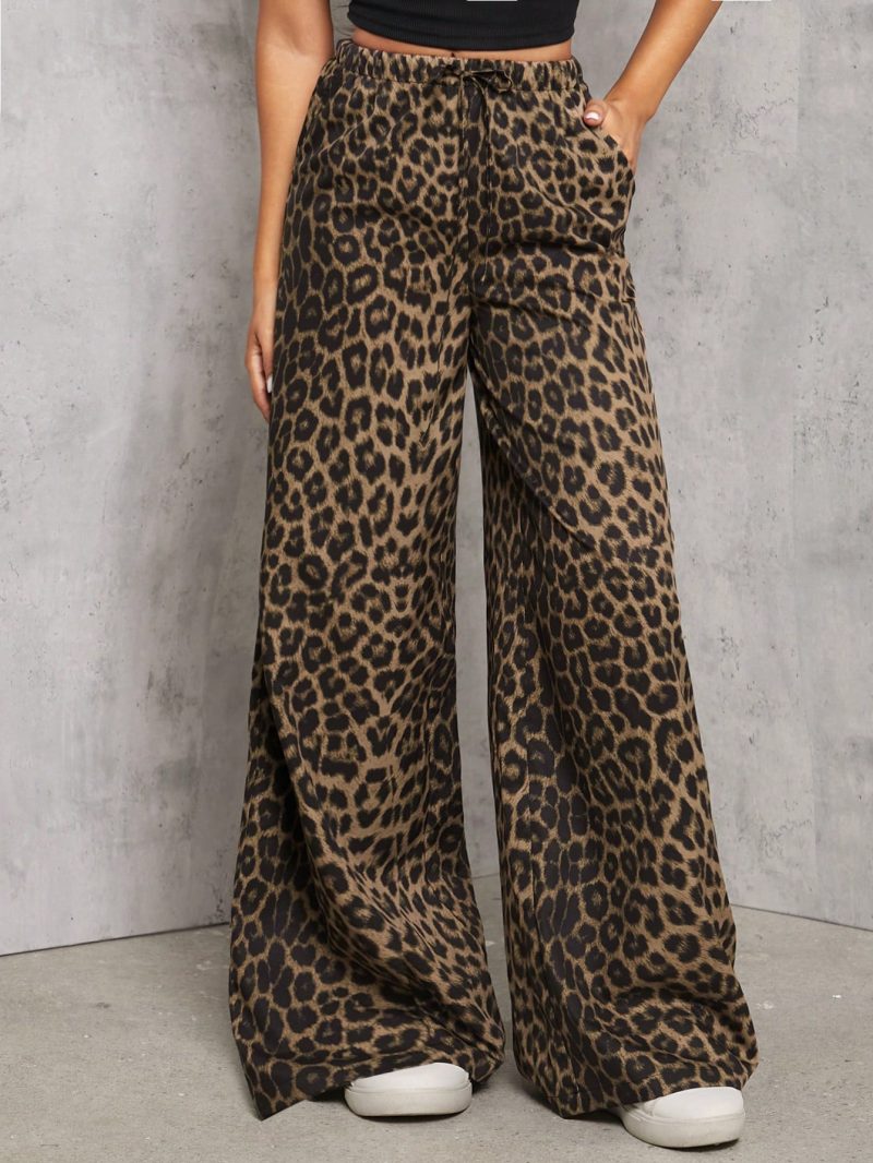Casual Street Leopard Print Loose Straight Wide Leg Trousers , Palazzo Pants