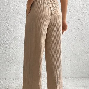 Women's Solid Color Tie Waist Casual Pleated Straight Leg Pants