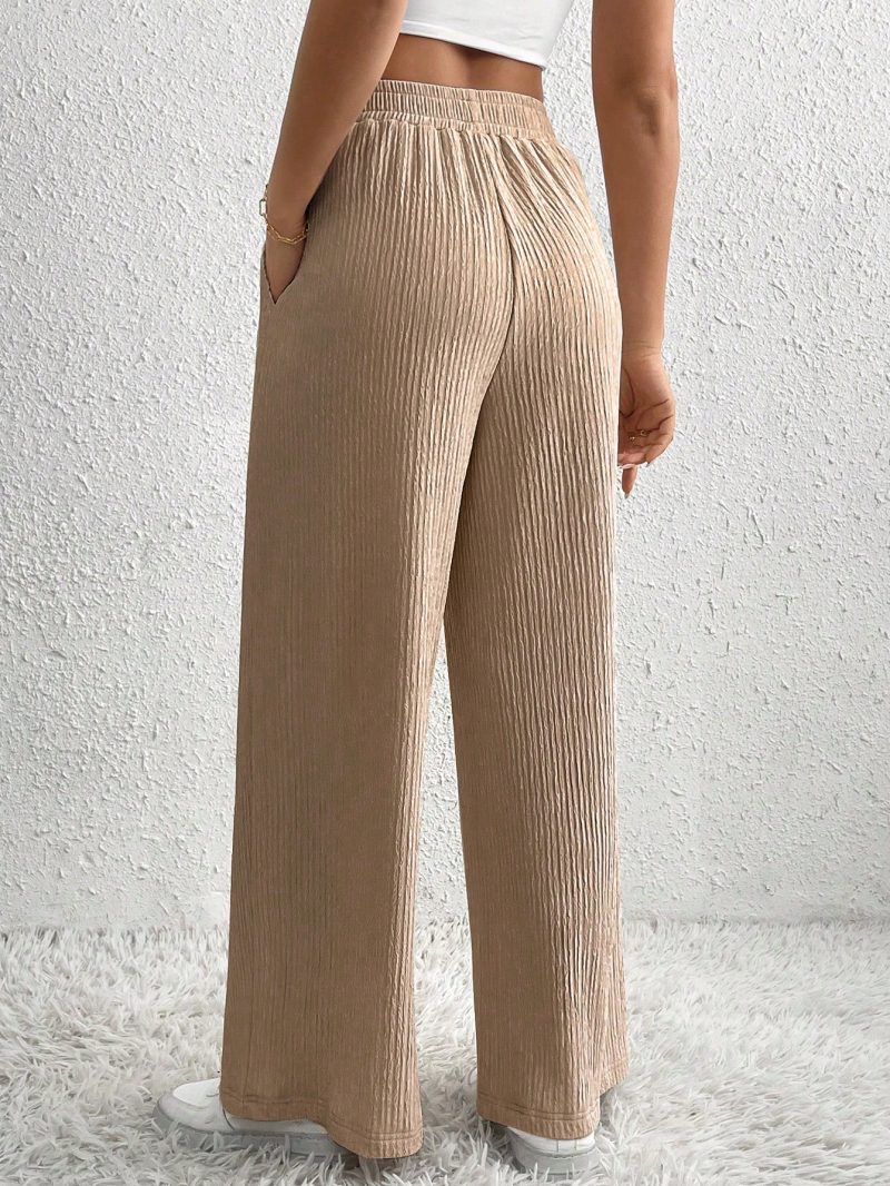 Women's Solid Color Tie Waist Casual Pleated Straight Leg Pants