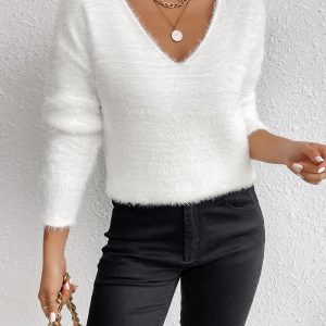1pc Women Plain V-Neck Dolman Long Sleeve Fuzzy Sweater, Autumn/Winter