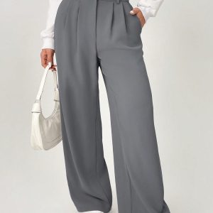 Spring Dress PantsHigh Waist Plicated Detail Wide Leg Suit Pants