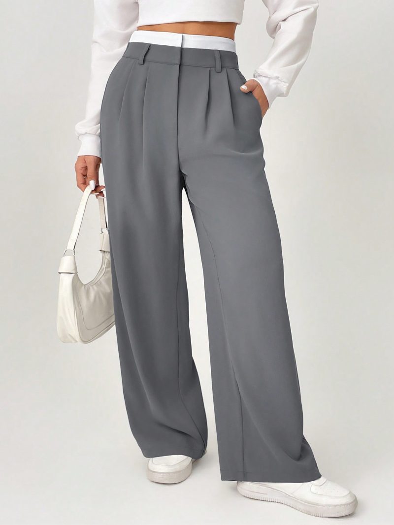 Spring Dress PantsHigh Waist Plicated Detail Wide Leg Suit Pants