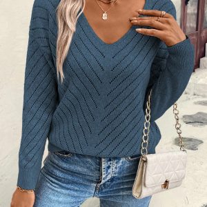 Women Casual V-Neck Hollow Texture Pullover Sweater