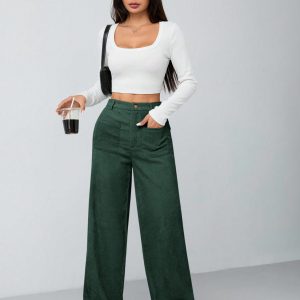 Women's Solid Color Button Front Pocket Casual Pants For Daily Wear