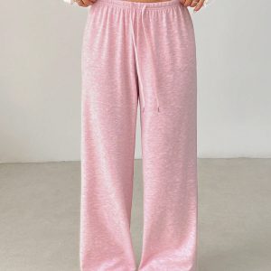 Women's Solid Color Drawstring Waist Soft Knit Loose Casual Pants, Fall/Winter , Baggy Pants