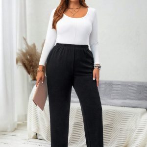 Plus Size Solid Color Elastic Waist Pocket Casual Straight Leg Pants