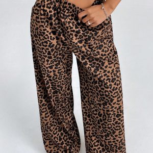 Women Elastic Waist Wide-Leg Leopard Print Loose Pants