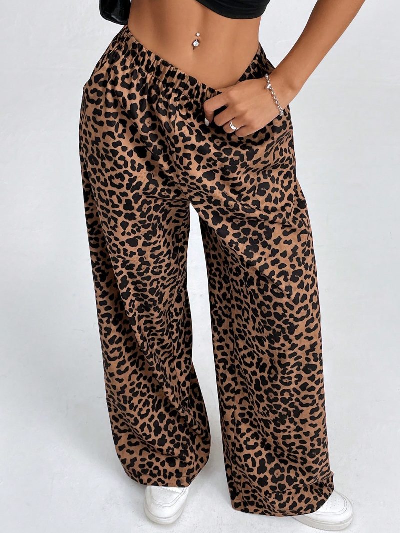 Women Elastic Waist Wide-Leg Leopard Print Loose Pants