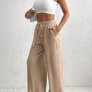 Women's Solid Color Tie Waist Casual Pleated Straight Leg Pants