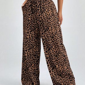 Women Elastic Waist Wide-Leg Leopard Print Loose Pants