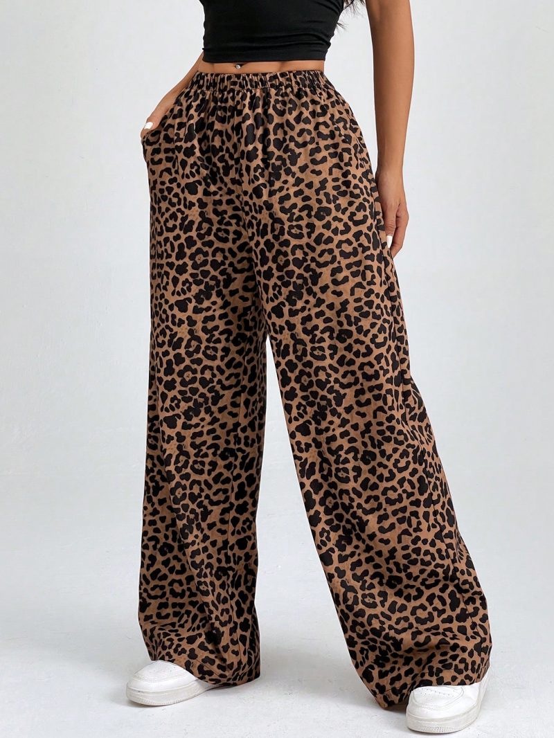 Women Elastic Waist Wide-Leg Leopard Print Loose Pants