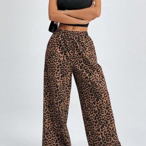 Women Elastic Waist Wide-Leg Leopard Print Loose Pants