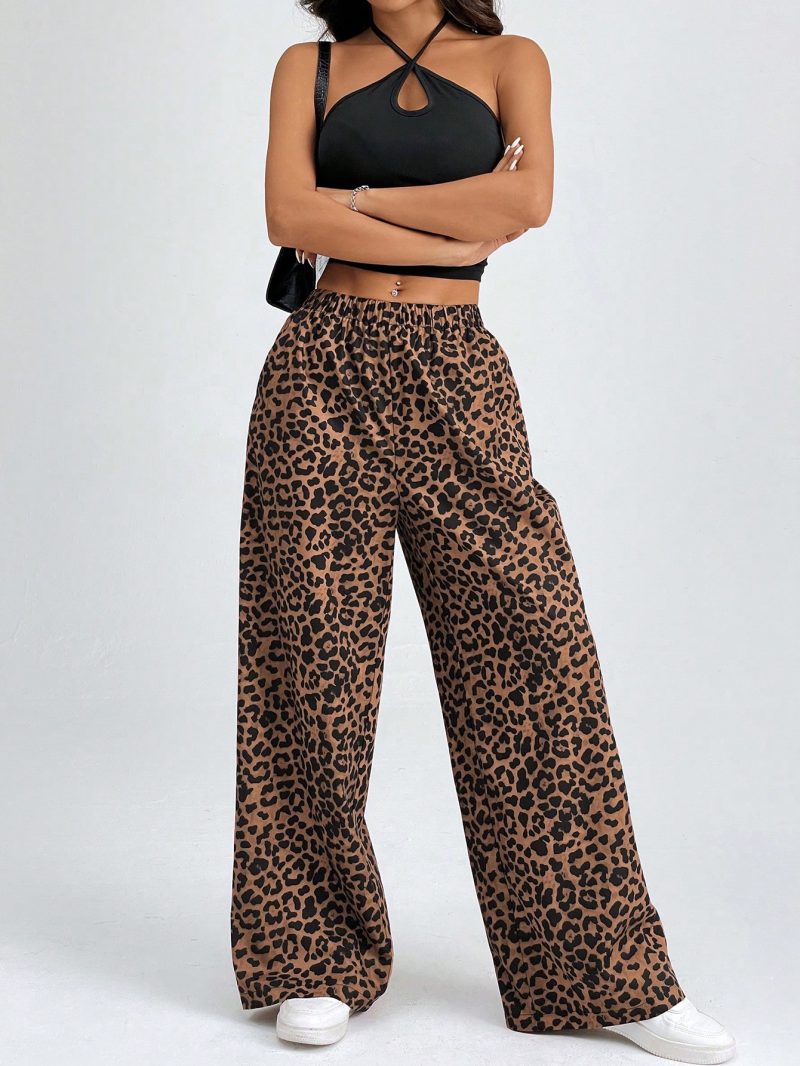 Women Elastic Waist Wide-Leg Leopard Print Loose Pants