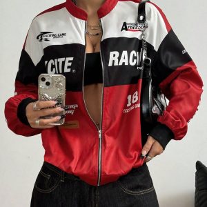 Letter Print Contrast Color Drop Shoulder Bomber Jacket